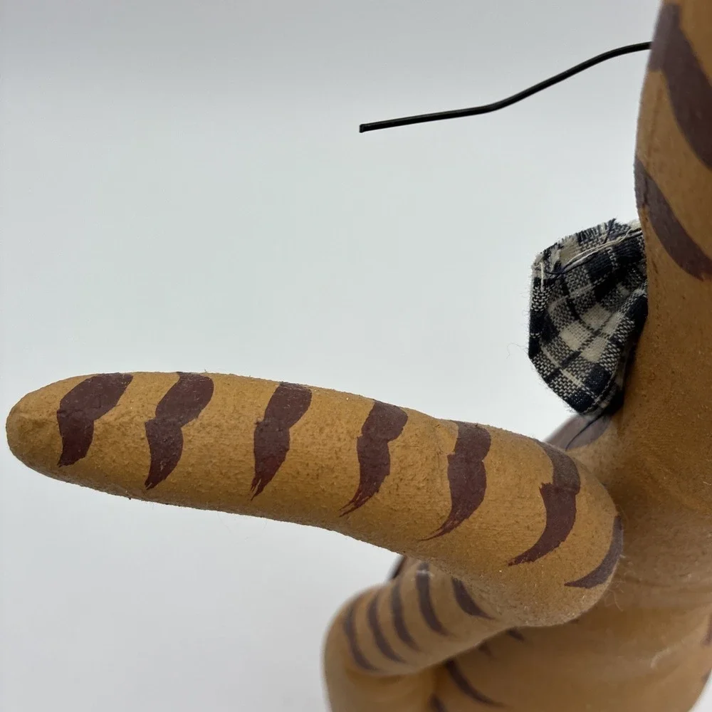 Primitive Folk Art Fabric Cat Figurine Rustic Farmhouse Decor Gingham Bow 14